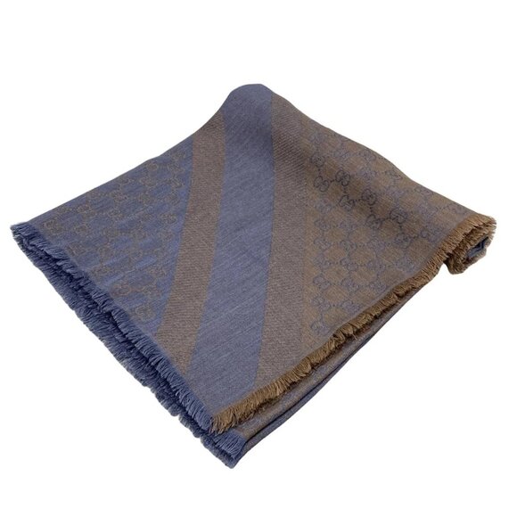 GUCCI - Blue Gray Brown Wool Silk Scarf 240-050825 - Picture 1 of 5